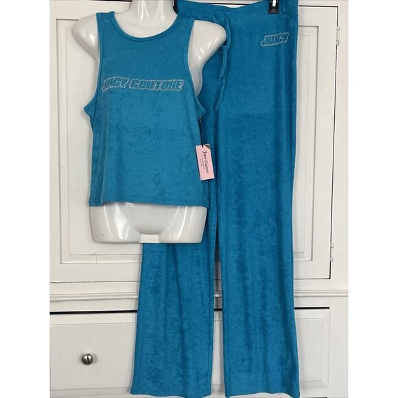 Juicy Couture L Sleepwear PAJAMA SET VELOUR Caribbean Turquoise Tank Pants NWT